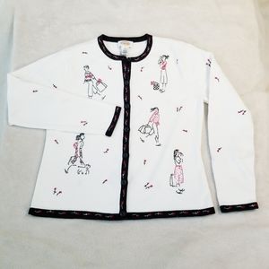 Talbots Embroidered Cardigan Sweater Woman & Dog Sz Small 100% Cotton Button Up